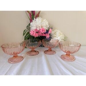 Vintage Arcoroc Rosaline Pink Swirl 4 Dessert Bowls French Pressed Glass Footed